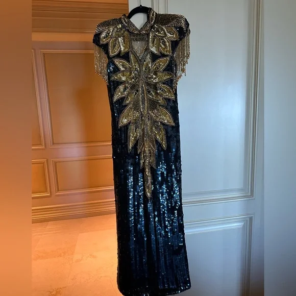 black and gold gatsby dress BABEYOND Women's 1920s Art Deco Sequin Dress, Fringed Great Gatsby Party Dresses, Black / Dark Gold, Size L main image 1